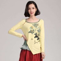 俏艺 2015春装新款女装 浅黄撞色不规则网布下摆长袖修身t恤女 1984
