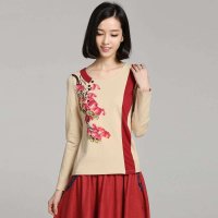 俏艺 2015春装新款撞色拼接圆领素雅印花长袖修身t恤女 1925