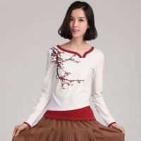 俏艺2015 春装新款 白色蜡梅印花撞色V领长袖修身t恤女 1974