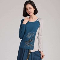 俏艺 2015春装新款 手工订钮烫钻水墨印花长袖修身t恤 1978
