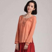 俏艺 2015春装新款 森女风桔红方领刺绣订钮长袖修身衬衫女 1988