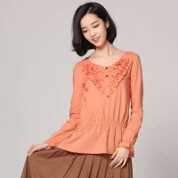 俏艺 2015春装新款女装 蕾丝V领订扣长袖修身女衬衫 1986