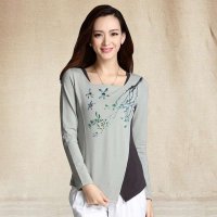 俏艺 2015春夏新款女装 不规则下摆浅灰棉氨纶长袖印花t恤衫 1924