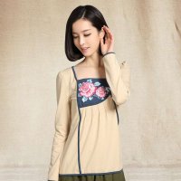 俏艺 2015春夏新款女装 中国风牡丹刺绣假两件浅黄长袖修身t恤 1990