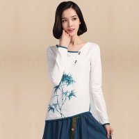 俏艺 2015春夏新款女装 白色撞色圆领不规则下摆印花长袖t恤 1971