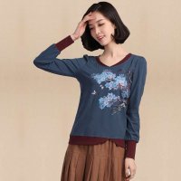 俏艺 2015春夏新款女装 撞色圆领花鸟印花泡泡袖长袖修身t恤 1975