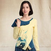 俏艺 2015春夏新款女装 浅黄拼接雪纺荷叶领订钮长袖t恤 1983