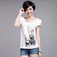 清仓促销 夏装新款白色雪纺泡泡袖多彩牡丹印花短袖修身T恤 1476