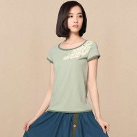 俏艺 2015春夏装新款 浅绿中国风棉圆领拼接修身短袖t恤女 1976