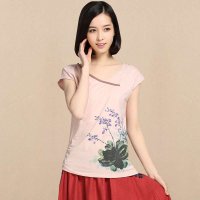 俏艺 2015夏装新品 中国风褶皱浅粉棉印花短袖t恤女上衣 1991
