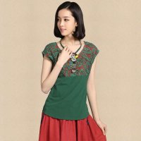 俏艺 2015夏装新款 深绿民族风拼接手工蕾丝花边棉短袖修身t恤女 1995
