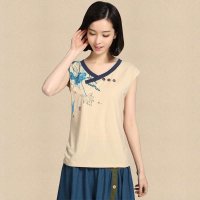 俏艺 2015夏款女装新品 浅黄撞色V领订钮中国风印花短袖修身t恤女 1996