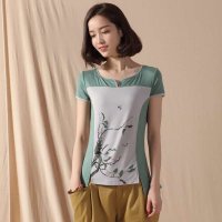 俏艺 2015夏装新款深V领中国风水彩印花短袖修身t恤女 2017
