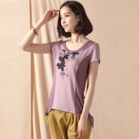 俏艺 2015夏款新品 浅紫不规则下摆中国风印花短袖中长款t恤 2018