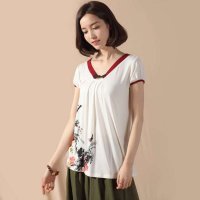 俏艺 2015夏装新款 白色撞色手工订钮水墨印花短袖修身t恤女 2030