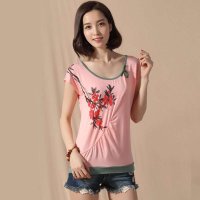 俏艺 2015春夏新款女装 粉红梅花印花圆领短袖修身t恤女 2037