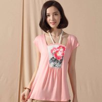 俏艺 2015春夏新款女装 中国风牡丹印花粉红短袖修身t恤上衣 2038