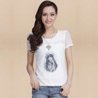 俏艺 2015夏装新款女装 白色圆领人像印花蕾丝烫钻泡泡袖短袖T恤 2056