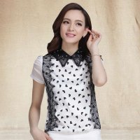 俏艺 2015夏装新款 韩版拼接雪纺烫钻翻领白色泡泡袖短袖T恤 2053