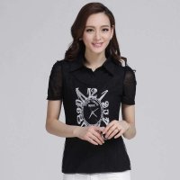 俏艺 2015夏装新款女装 韩版假两件时尚刺绣订钮短袖修身衬衫 2049