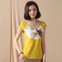 俏艺 2015夏装新品 糖果色浅黄手工盘扣圆领印花短袖修身T恤 2013