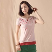 俏艺 2015夏装新款女装 中国风浅粉糖果色V领印花短袖T恤 2021