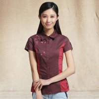 俏艺 2015夏款新品 中国风梅花刺绣翻领修身短袖修身衬衫女上衣 2066