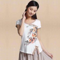 俏艺 2015夏装女装 中国风印花白色淑女棉短袖修身T恤 2070