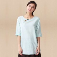 俏艺 2015夏装新款女装 复古文艺风手工搭扣宽松纯色五分袖衬衫 3002