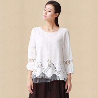 俏艺 2015夏装新品女装 文艺风白色拼接雪纺网布镂宽蕾丝衬衫 3006