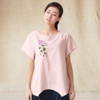 俏艺 2015夏装新款 文艺风宽松圆领手工刺绣不规则下押短袖衬衫女 3007