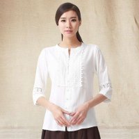 俏艺 2015夏装新款女装 白色圆领手工拼接镂宽蕾丝钮扣宽松五分袖衬衫 3008