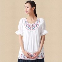 俏艺 2015夏装新款 白色中国风彩色刺绣拼接蕾丝荷叶袖口短袖衬衫 3010