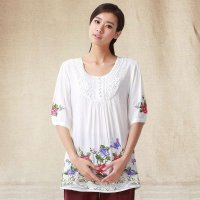 俏艺 2015夏装新款 白色田园风刺绣镂空蕾丝宽松五分袖衬衫女3016