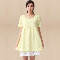俏艺 2016夏季 浅黄糖果色碎花印花拼接镂空下摆短袖宽松连衣裙 3014