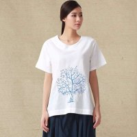 俏艺 2015夏装新款 白色宽松中国风青花瓷刺绣短袖圆领t恤女 3027