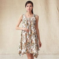 俏艺 2015夏装新品 中国风碎花印花无袖方领宽松连衣裙 3031