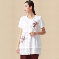 俏艺 2015夏装新款女装 白色民族风刺绣拼接镂空蕾丝纽扣短袖衬衫 3019