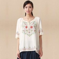 俏艺 2015夏装新款女装 民族风刺绣宽松系带五分袖衬衫女 3023