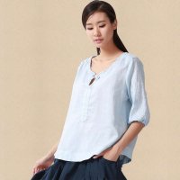 俏艺 2015夏装女装 民族风刺绣系带宽松五分袖纯色t恤 3000