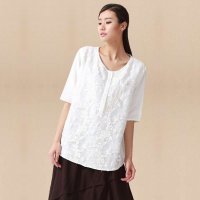 俏艺 2015夏装新品 文艺风白色圆领纽扣口袋五分袖宽松衬衫 3036