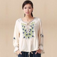 俏艺 2015新款女装 中国风刺绣浅卡其系带圆领长袖宽松衬衫 3037