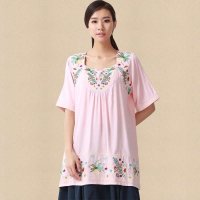 俏艺 2015夏装新款 淑女粉红中国风刺绣方案宽松短袖衬衫女 3017