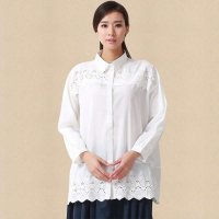 俏艺 2016新款女装 白色镂空蕾丝花边翻领长袖衬衫 3021