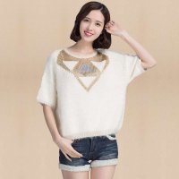 俏艺 2016秋冬新款 韩版保暖加厚圆领羽毛纱半袖毛衣女 3133