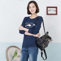 俏艺 2015年秋冬新品 简约深蓝小鱼印花圆领长袖修身T恤上衣 3175