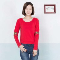 俏艺 2015春夏新款女装 红色圆领刺绣不规则下摆长袖修身T恤 3180