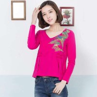 俏艺 2015春夏新款 韩版玫红V领棉修身长袖绣花T恤女3194