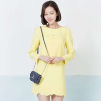 2015春夏新款 浅黄一字领手工钉珠棉长袖荷叶边连衣裙 3209