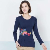 俏艺 2015春装新款女装 深蓝民族风花朵刺绣长袖修身T恤女 3184